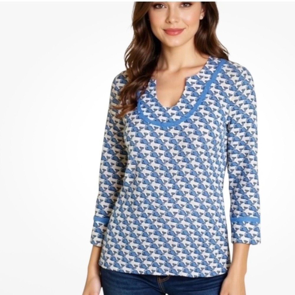 Vineyard Vines Womens Tunic Top Size Medium Whale Print Cotton Coastal Nautical